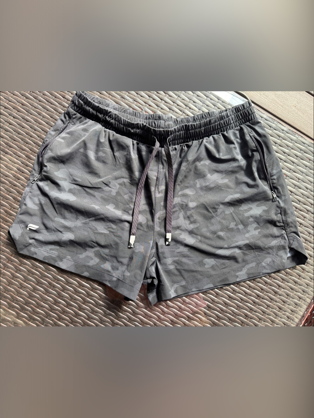 Fabletics Women's Black & Gray Camo Performance Shorts with pockets